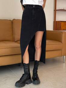 DAZY 高腰不對稱下擺牛仔裙 - 黑色 - 查看 1