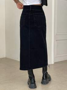 DAZY 高腰不對稱下擺牛仔裙 - 黑色 - 查看 2