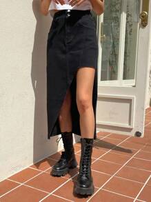 DAZY 高腰不對稱下擺牛仔裙 - 黑色 - 查看 4