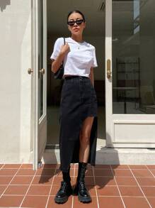 DAZY 高腰不對稱下擺牛仔裙 - 黑色 - 查看 8