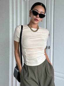DAZY 素色褶邊短款T恤 - 米色 - 查看 1