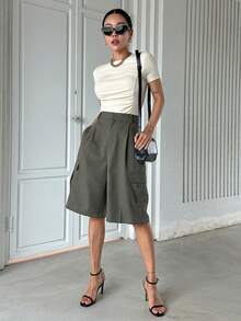 DAZY 素色褶邊短款T恤 - 米色 - 查看 5