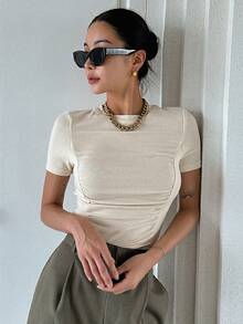 DAZY 素色褶邊短款T恤 - 米色 - 查看 6
