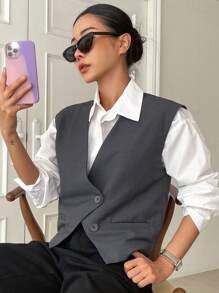 DAZY 纯色纽扣前襟马甲（不含衬衫）商务装 - 灰色 - 查看 1