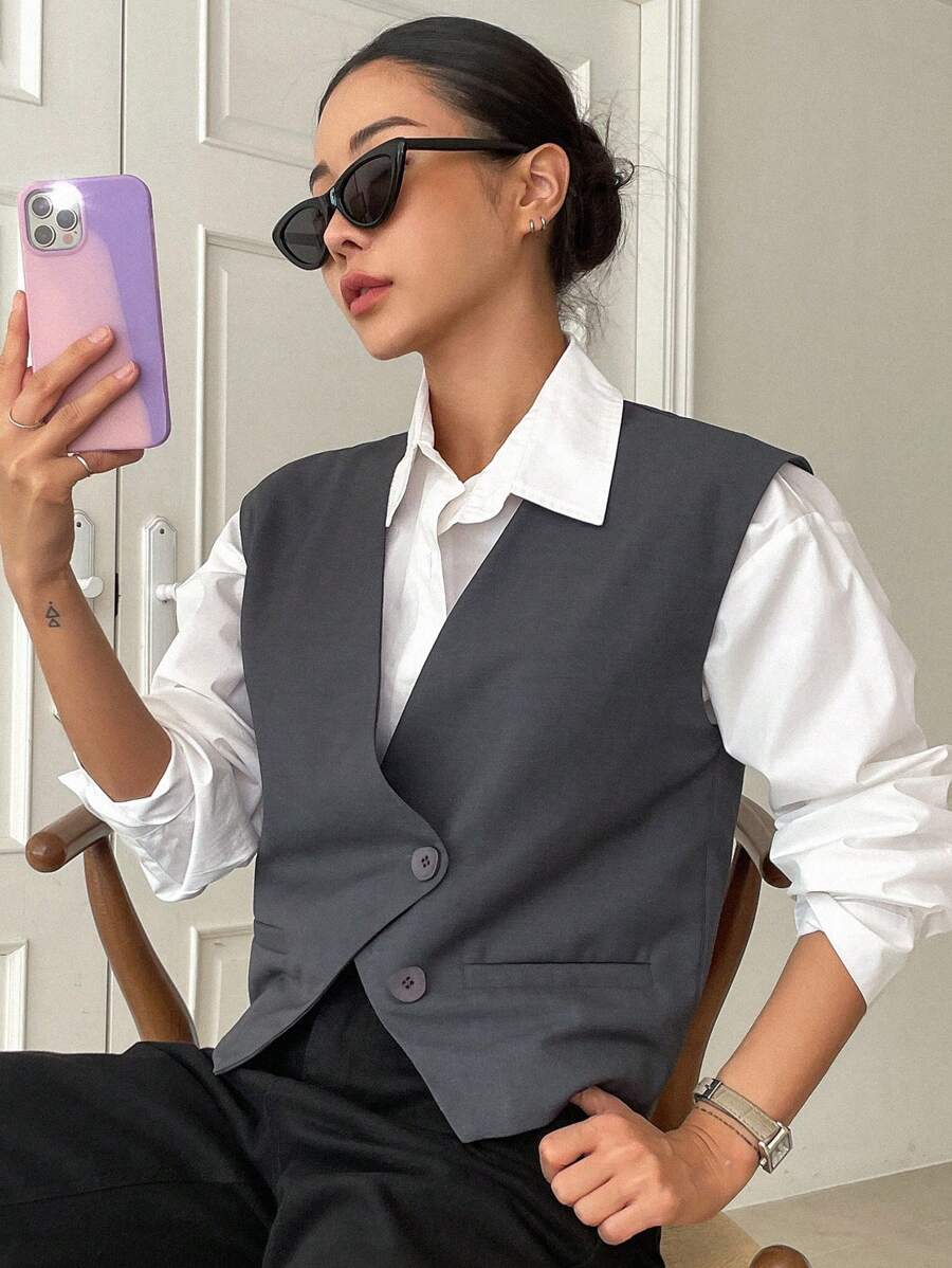 DAZY 纯色纽扣前襟马甲（不含衬衫）商务装 - 灰色 - 查看 1