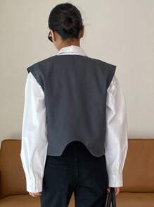 DAZY 纯色纽扣前襟马甲（不含衬衫）商务装 - 灰色 - 查看 2