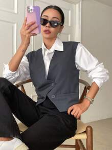 DAZY 纯色纽扣前襟马甲（不含衬衫）商务装 - 灰色 - 查看 8