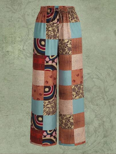 色塊拼接圖案闊腿褲