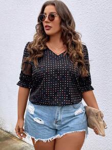SHEIN Clasi 大碼波點圖案蕾絲拼接荷葉袖襯衫 - 黑色 - 查看 4
