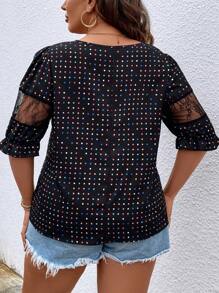 SHEIN Clasi 大碼波點圖案蕾絲拼接荷葉袖襯衫 - 黑色 - 查看 2