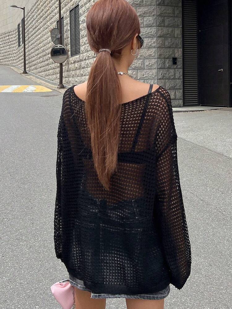 Hollow Out Drop Shoulder Sweater Without Bra Sheer,Fall Women Clothes
