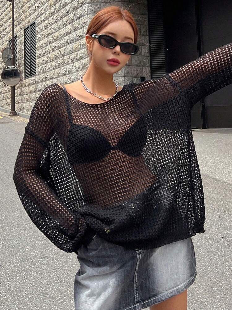 Hollow Out Drop Shoulder Sweater Without Bra Sheer,Fall Women Clothes