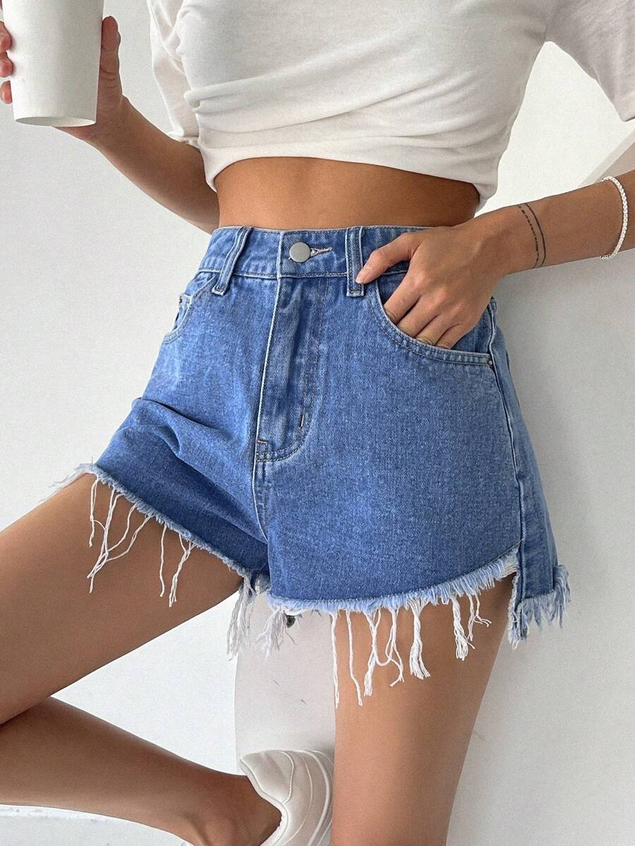 DAZY 素色破洞毛邊牛仔短褲 - 藍色 - 查看 1