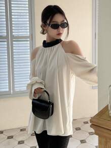 DAZY Contrast Trim Cold Shoulder Fold Pleated Detail Blouse Long Sleeve Top