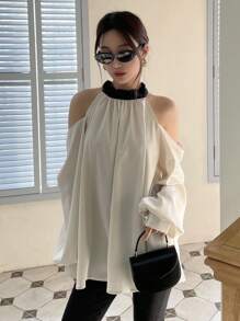 DAZY Contrast Trim Cold Shoulder Fold Pleated Detail Blouse Long Sleeve Top