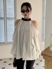 DAZY Contrast Trim Cold Shoulder Fold Pleated Detail Blouse Long Sleeve Top