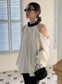 DAZY Contrast Trim Cold Shoulder Fold Pleated Detail Blouse Long Sleeve Top