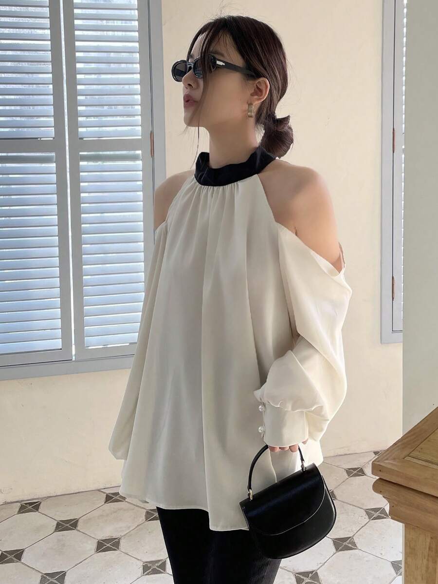 DAZY Contrast Trim Cold Shoulder Fold Pleated Detail Blouse Long Sleeve Top