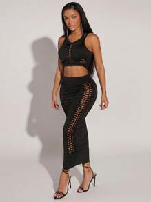 Hauture 扭纹激光切割上衣和裙子两件套 - 黑色 - 查看 3