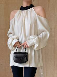 DAZY Contrast Trim Cold Shoulder Fold Pleated Detail Blouse Long Sleeve Top