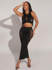 Hauture 扭纹激光切割上衣和裙子两件套 - 黑色 - 查看 5