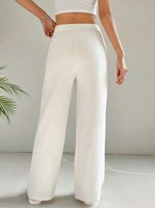 SHEIN EZwear 素色高腰直筒褲 - 米色 - 查看 2