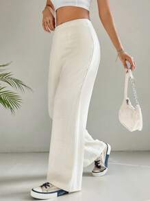 SHEIN EZwear 素色高腰直筒褲 - 米色 - 查看 4