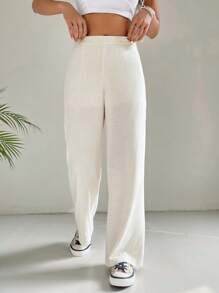 SHEIN EZwear 素色高腰直筒褲 - 米色 - 查看 6