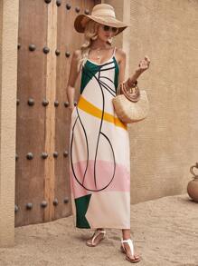 SHEIN LUNE 圖案印花斜口袋吊帶洋裝 - 彩色 - 查看 7