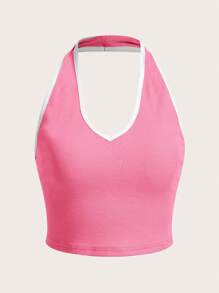 SHEIN EZwear Contrast Binding Backless Halter Top - Baby Pink - View 1