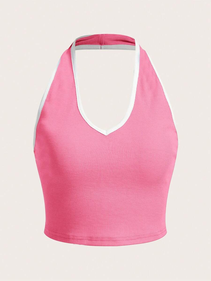 SHEIN EZwear Contrast Binding Backless Halter Top - Baby Pink - View 1