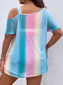 SHEIN LUNE 大碼漸層不對稱領網紗上衣不附文胸 - 彩色 - 查看 2