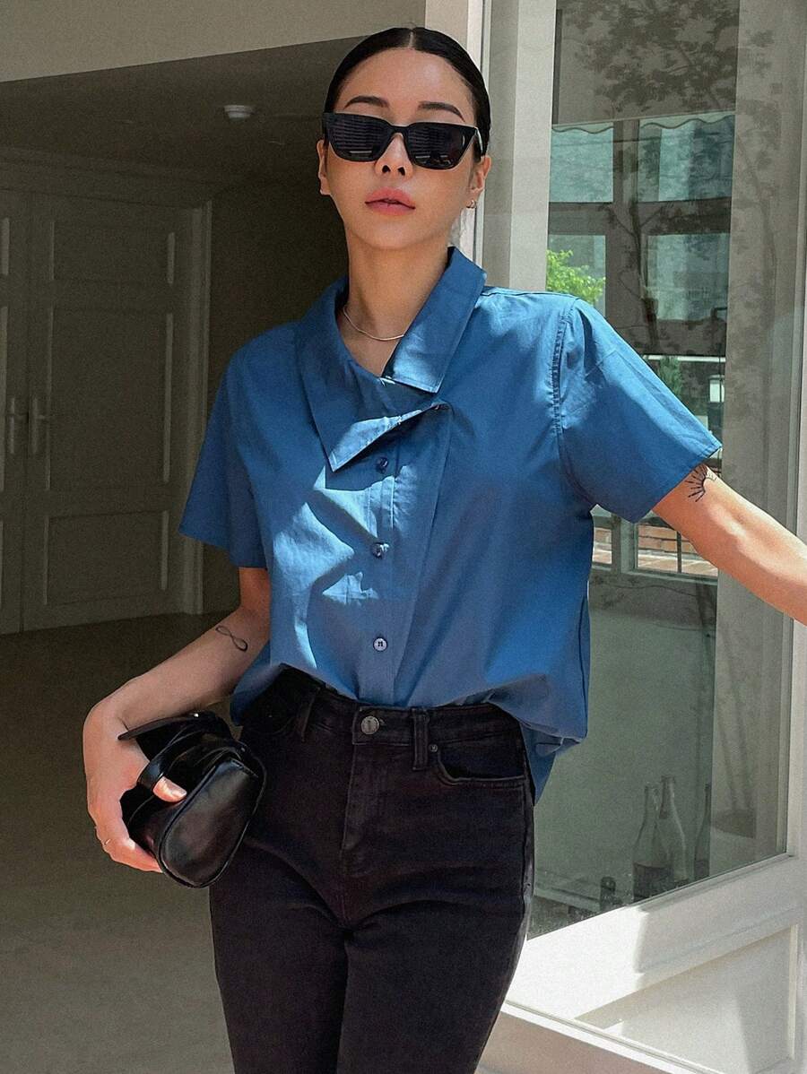 DAZY 素色前紐扣襯衫 - 藍色 - 查看 1