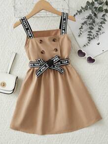 SHEIN 女孩字母織帶雙排釦腰帶吊帶洋裝