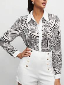 BizChic In Toàn bộ Nút phía trước Áo sơ mi Trang phục làm việc - Đen và trắng - Xem 2