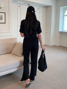 DAZY Bộ đồ hai mảnh nữ Chia màu trơn Giải trí - màu đen - Xem 2