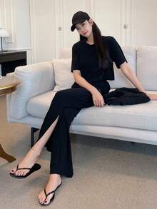 DAZY Bộ đồ hai mảnh nữ Chia màu trơn Giải trí - màu đen - Xem 6