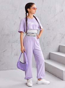 SHEIN 青少年女孩字母圖案背心上衣和T恤和運動褲 - 紫丁香色 - 查看 1