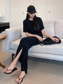 DAZY Bộ đồ hai mảnh nữ Chia màu trơn Giải trí - màu đen - Xem 7