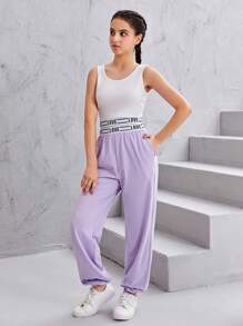 SHEIN 青少年女孩字母圖案背心上衣和T恤和運動褲 - 紫丁香色 - 查看 3