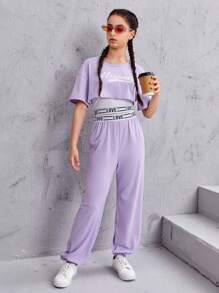 SHEIN 青少年女孩字母圖案背心上衣和T恤和運動褲 - 紫丁香色 - 查看 4