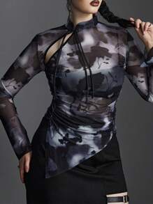 Top de tie dye fruncido lateral bajo asimétrico de malla - Negro - Ver 1