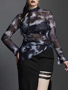 Top de tie dye fruncido lateral bajo asimétrico de malla - Negro - Ver 3