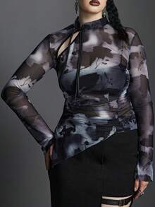 Top de tie dye fruncido lateral bajo asimétrico de malla - Negro - Ver 4