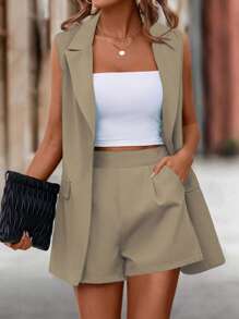 SHEIN LUNE Lapel Neck Single Button Vest Blazer & Shorts