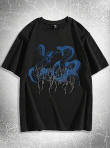 ROMWE MEN Grunge Punk Guys Cotton Snake Print Tee