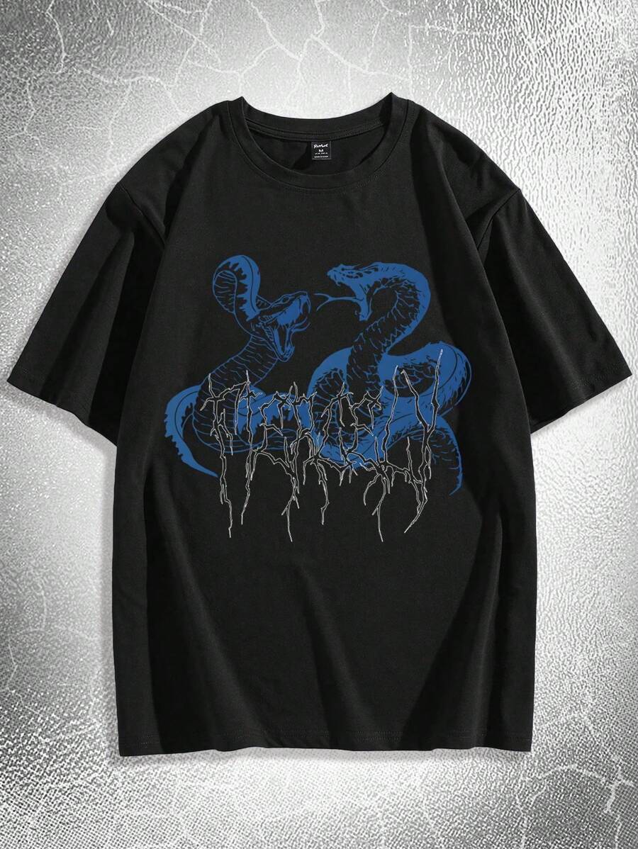 ROMWE MEN Grunge Punk Guys Cotton Snake Print Tee