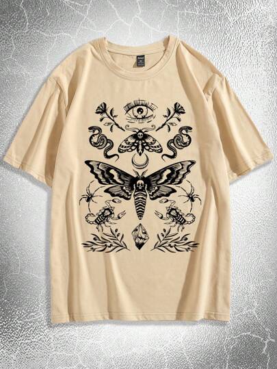 Goth Men Cotton Moth & Snake Print Tee