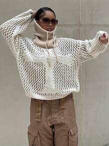 Solid Drop Shoulder Sweater - White - View 4