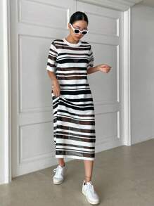 DAZY Ladies áo len váy cắt Sọc Giải trí - Đen và trắng - Xem 3